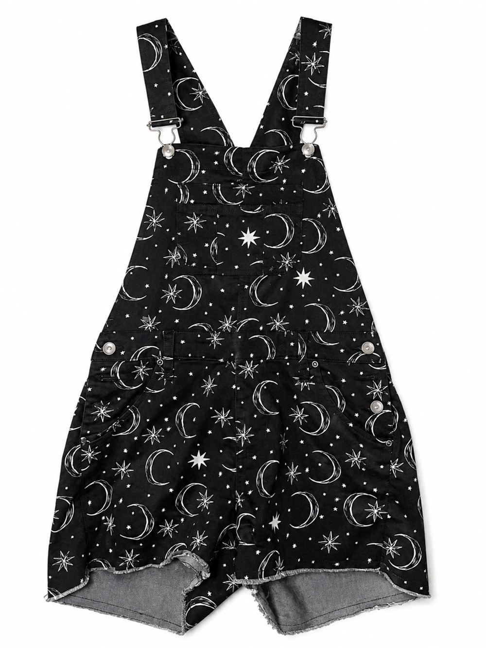 Black Moon & Star Jean Short Overalls - Women's Printed Denim